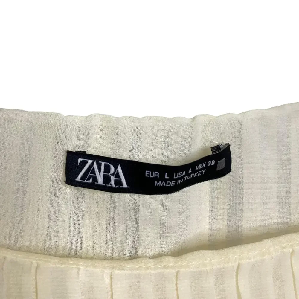 Zara Women's Sz L Blouse Long Sleeve Pleated Puff Sleeve Cream Romantic‎